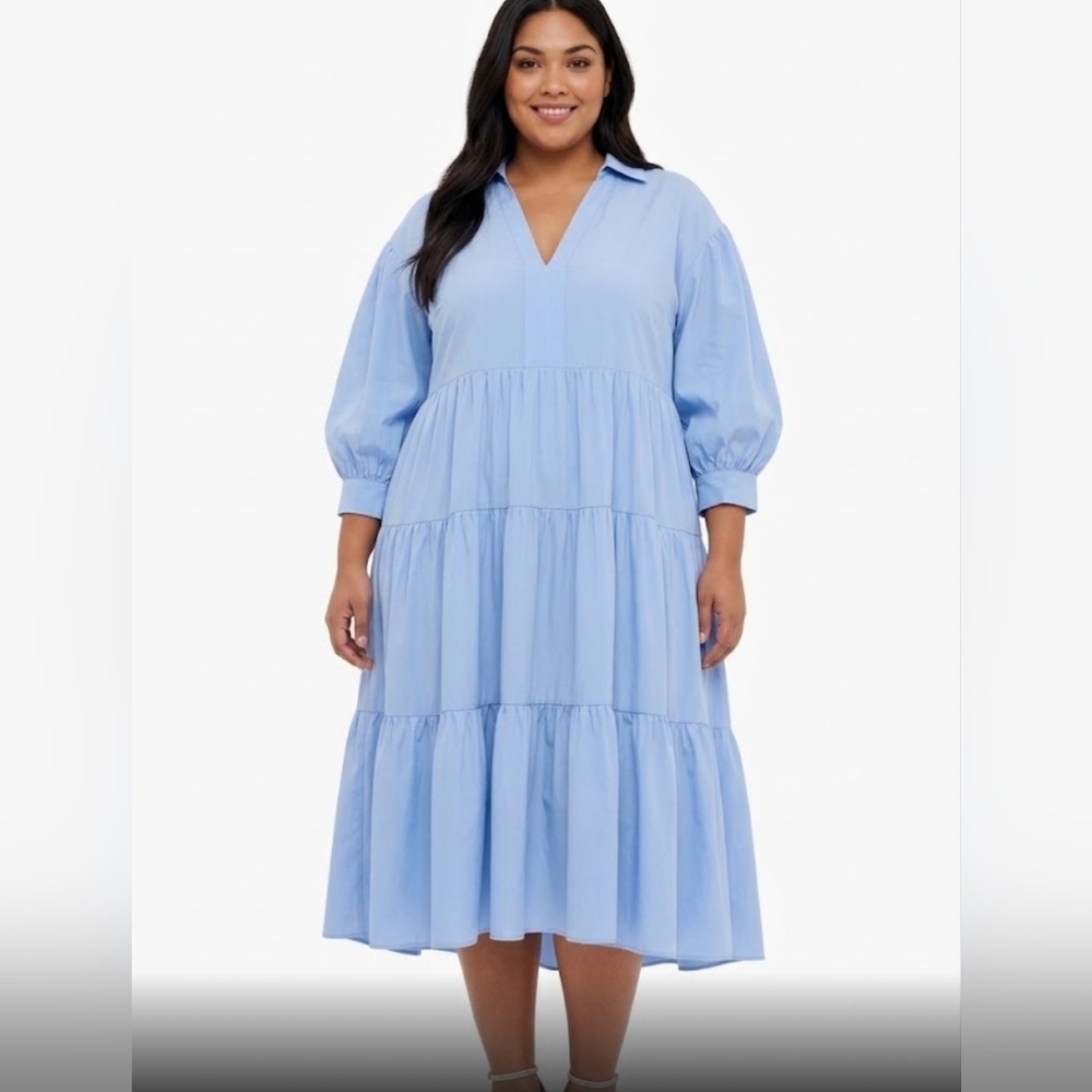 English Factory Light Blue Tiered Midi Dress